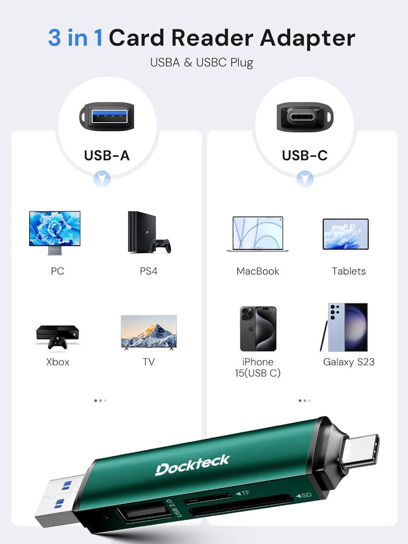 Dockteck SD Card Reader, 5G Super Speed USB3.0 SD/TF Card Reader, 3-Slot USB A/C to SD/Micro SD/USB A Memory Card Reader for UHS-I SD/Micro SD/SDHC/SDXC/MMC, Support OTG for Plug&Play,Green - Image 5